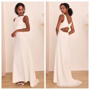 Lulus Radiant Forever White Lace Boat Neck Maxi Dress Size Large NWT